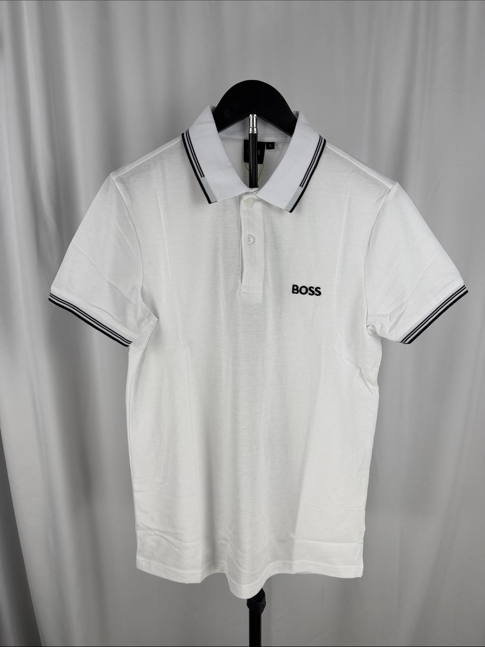 BOSS Athleisure White Piqué Polo Shirt Black Trim – Size Small – NWT